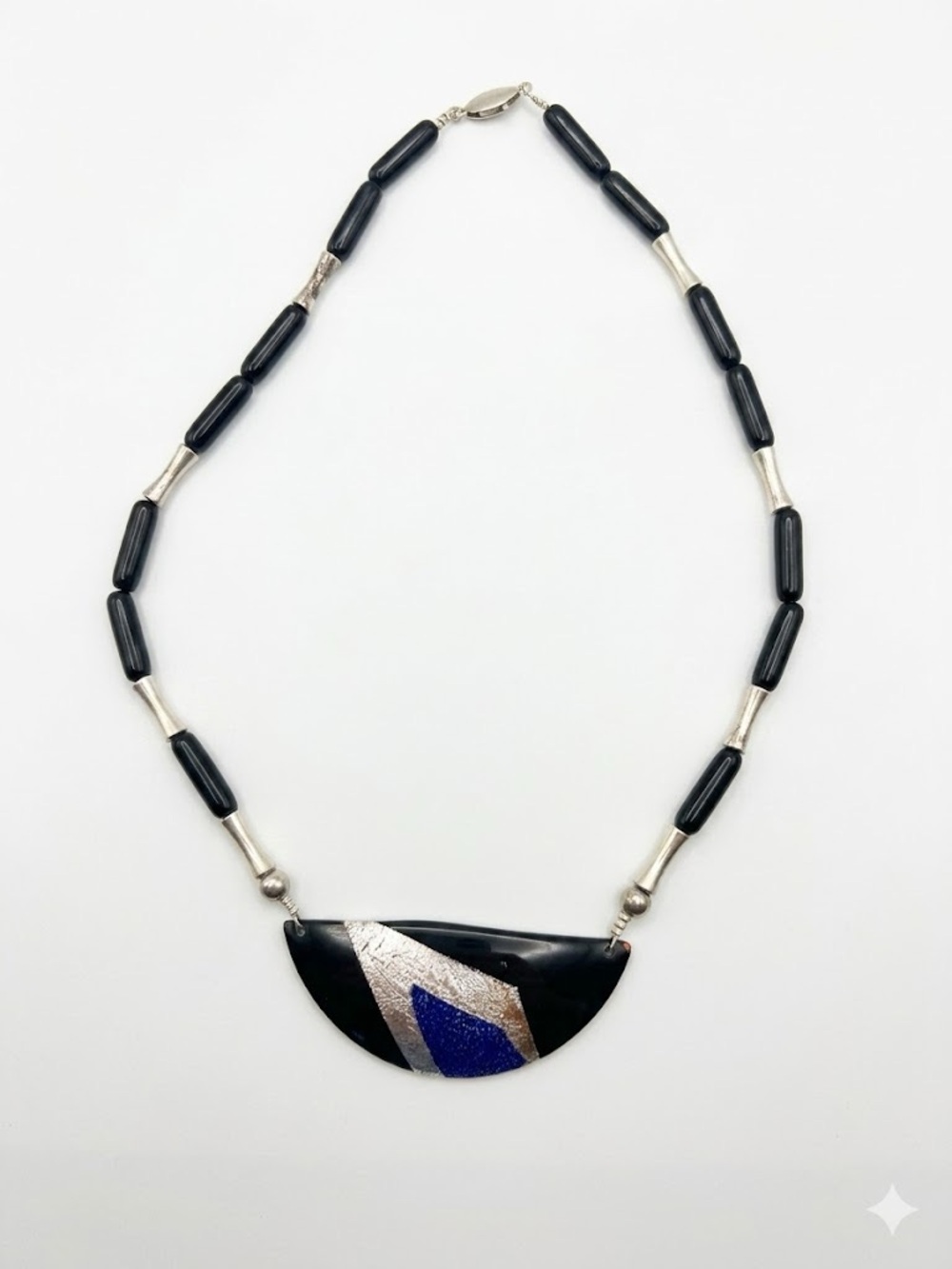 Anita Trottier Vintage Enamel Necklace Silver Blue Black